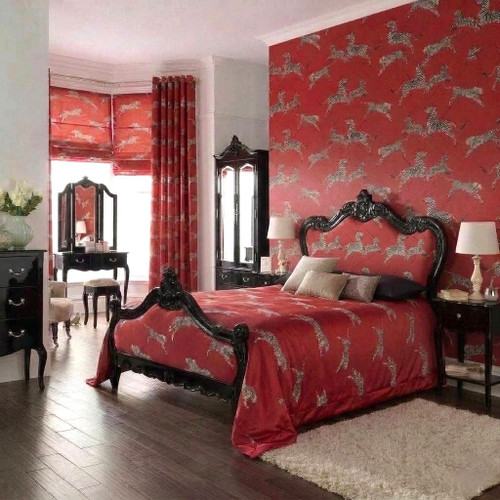 Provincial Carved Bed in Scalamandre Zebras Fabric, Masai Red & Black Gloss