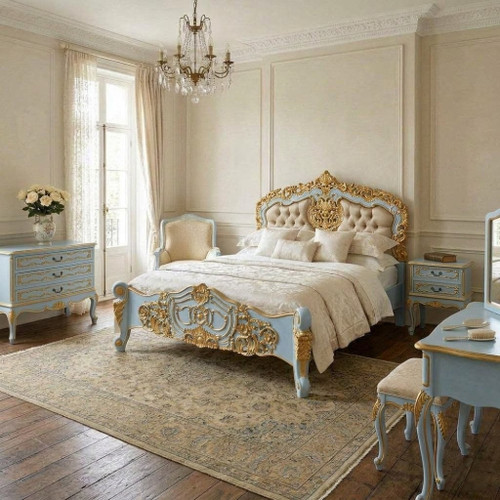 The Versailles Rococo Hand-Carved Mahogany Bedroom Set (Parisian Macaron with Gold Trim)
