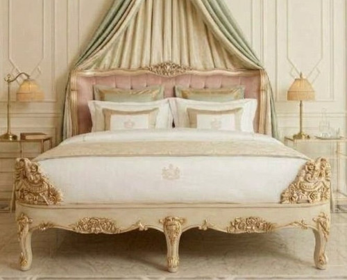 Versailles Luxury Tufted Bed Frame – Distressed Ivory & Gold