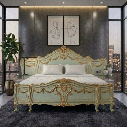 The Chateau de Versailles Bespoke Oversized Bedroom Set – Chalky Pastel Green & Antique Gold Finish