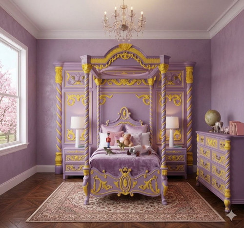 TUDOR LUXURY CANOPY TWIN BED LILAC AND YELLOW FOR CHILDREN'S BEDROOM
