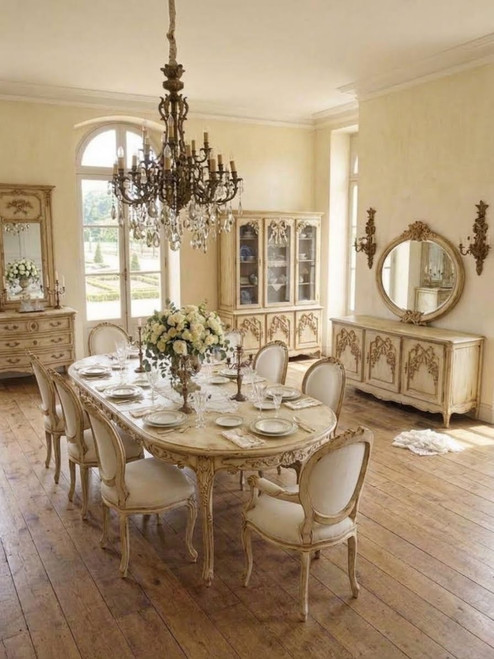 The Versailles Grand Estate OVAL DINING SET WITH A DISTRESSED CREAM PATINA FINISH