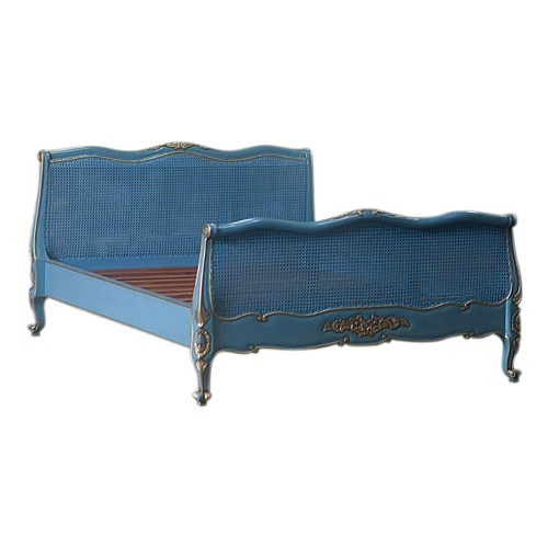 Provence Louis XV Style Rattan Bed, Blue & Gold