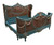 Louis XVI Swag Roses Rattan Bed Frame, Turquoise and Antique White