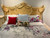 Louis XV Swag Roses Rattan Bed Frame, White and Champagne