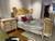 Louis XV Swag Roses Rattan Bed Frame, White and Champagne