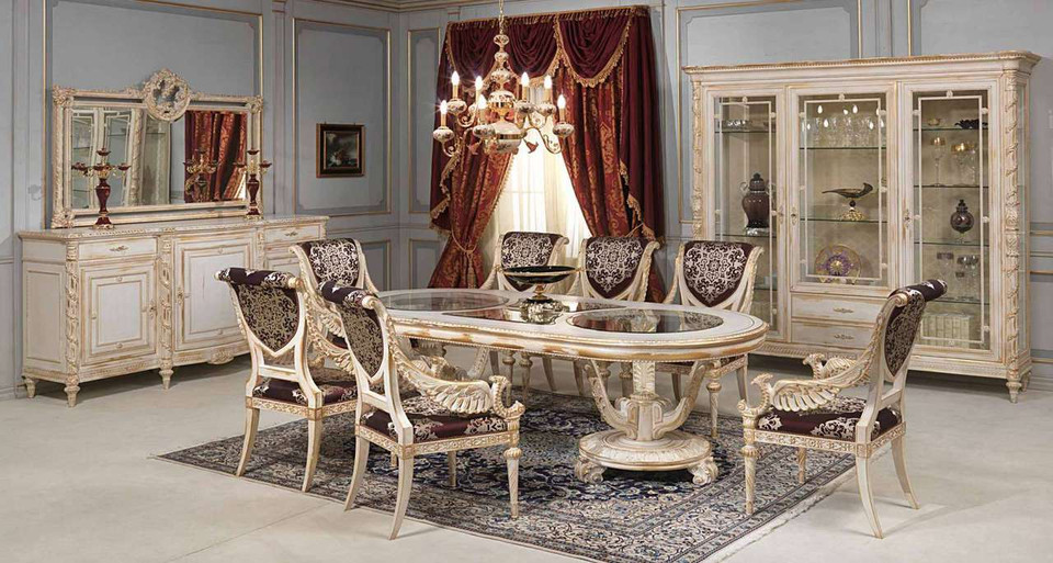 Luxury classic dining room set, Louis XVI white and gold