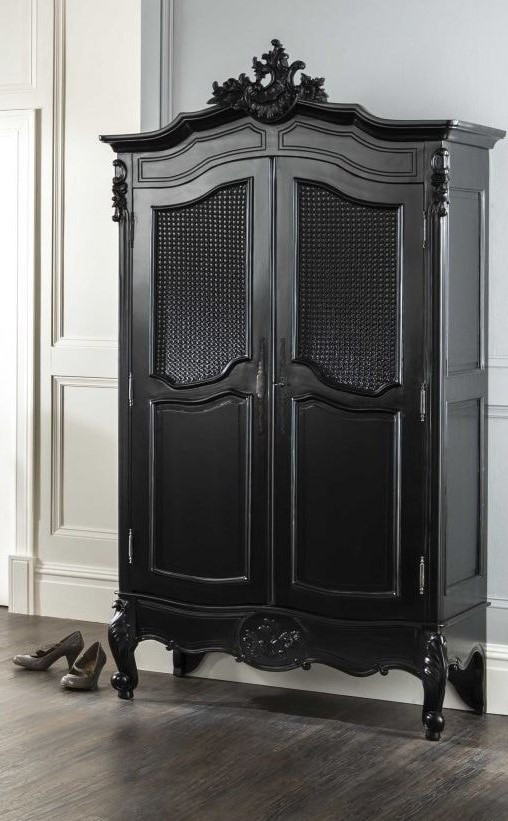 French Chateau Rattan Armoire Wardrobe Black