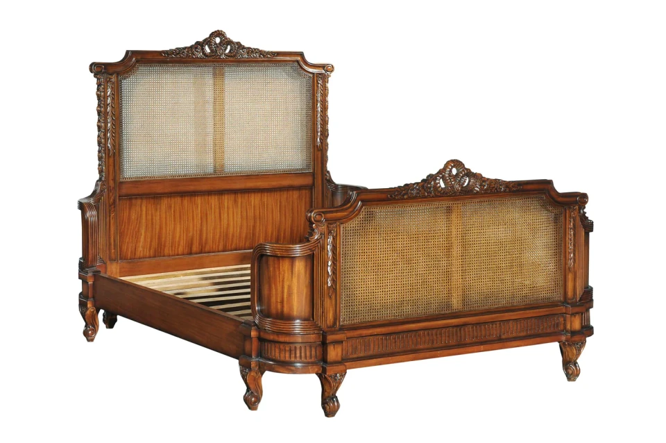 Louis XVI Rattan Wing Bed Frame, Antique Mahogany