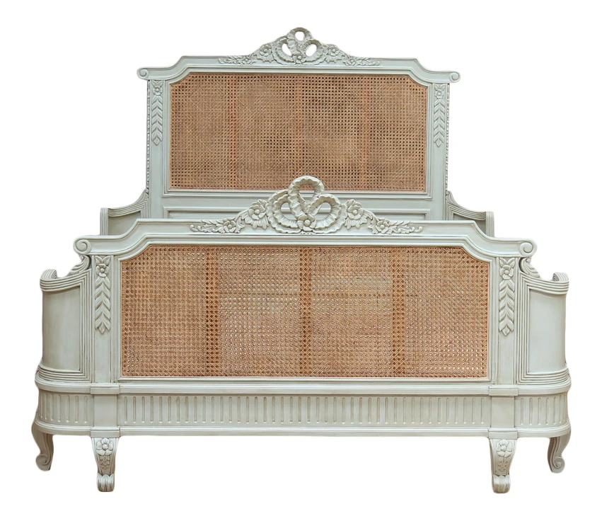 Louis XVI Rattan Wing Bed Frame, Light Blue Green