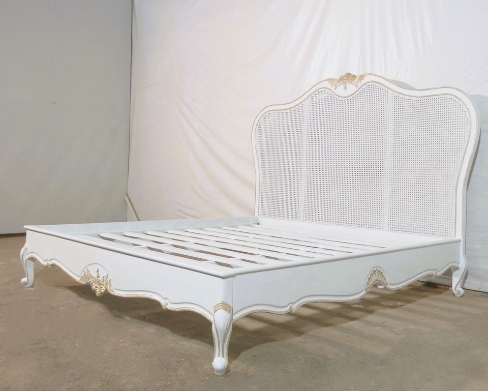 FRENCH RATTAN BEDROOM SET WITH LOW FOOTBOARD, TAUPE AND GOLD