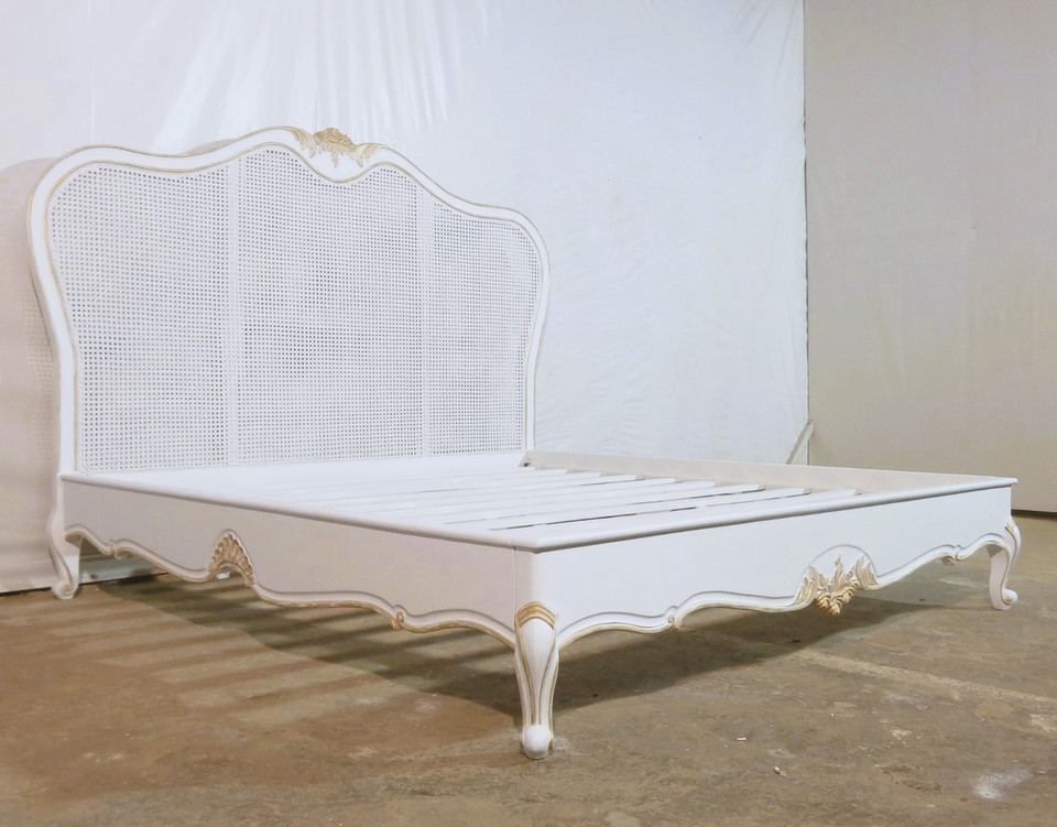 FRENCH RATTAN BEDROOM SET WITH LOW FOOTBOARD, TAUPE AND GOLD