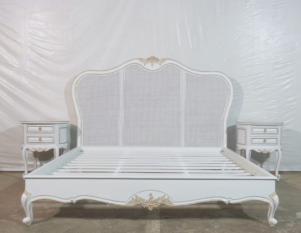 FRENCH RATTAN BEDROOM SET WITH LOW FOOTBOARD, TAUPE AND GOLD