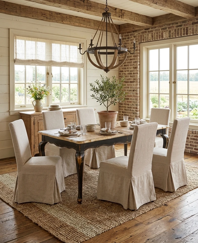 RUSTIC DINING TABLE WITH Upholstered Dining Chairs