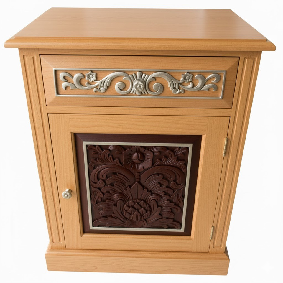 BEECH, MAHOGANY VENEER AND SILVER