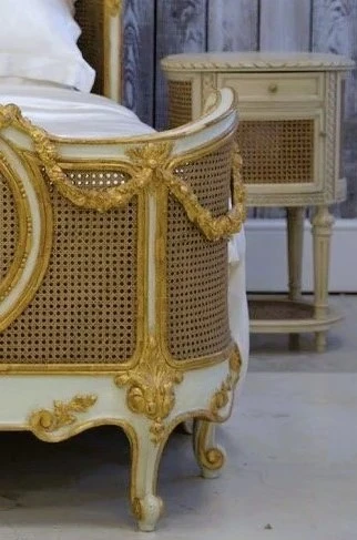 Louis XVI Swag Roses Rattan Bed Frame, Green and Gold