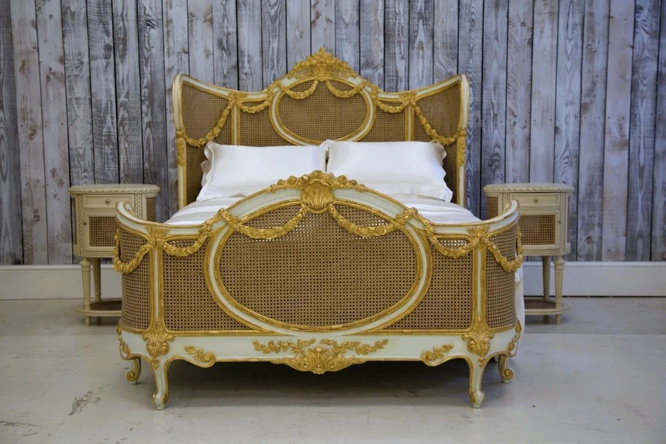 Louis XVI Swag Roses Rattan Bed Frame, Green and Gold