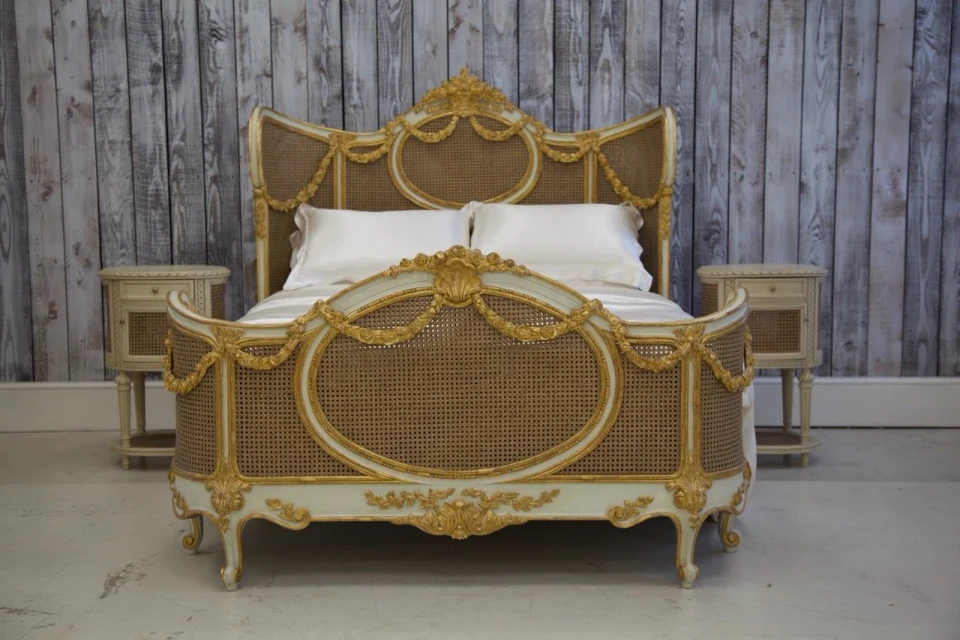 Louis XVI Swag Roses Rattan Bed Frame, Green and Gold