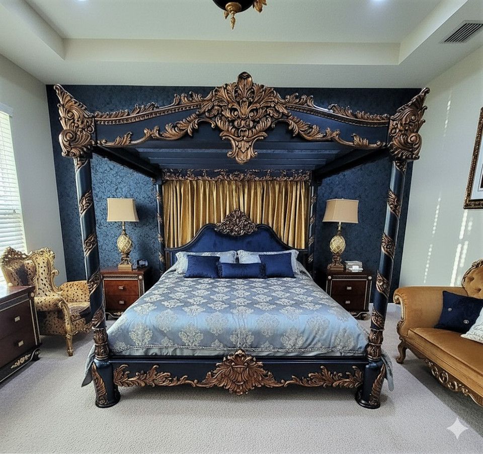 ORIENTAL CANOPY FOUR POSTER BED NAVY AND ANTIQUE GOLD