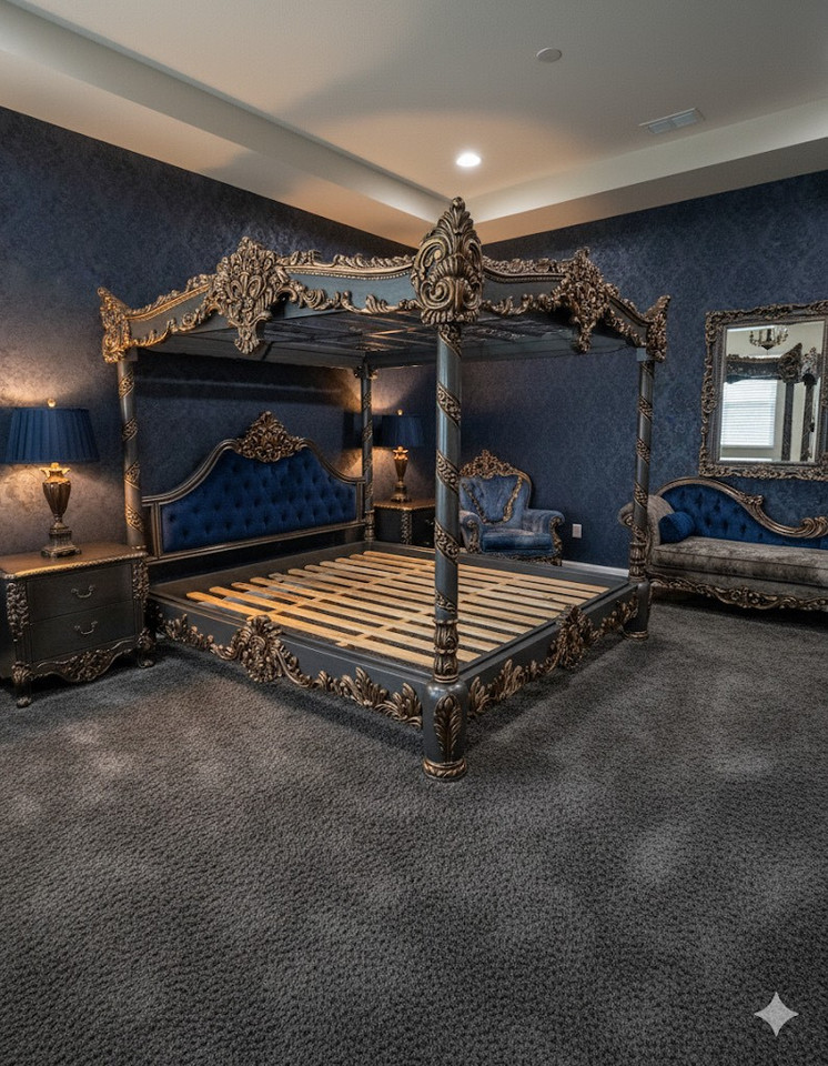 GREY AND GOLD TRADITIONAL FOUR POSTER BED KING
