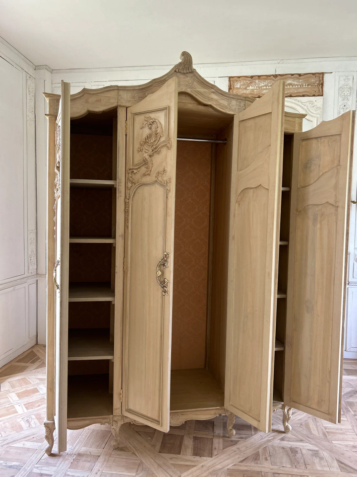 Four door Farmhouse Armoire with center hanging and shelves