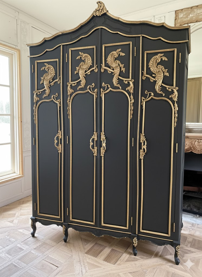 Black and Gold Four Door Armoire Wardrobe