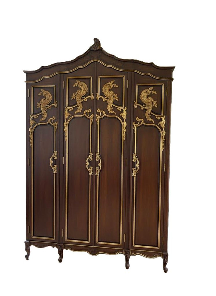 CHOCOLATE AND GOLD FOUR DOOR ARMOIRE WARDROBE