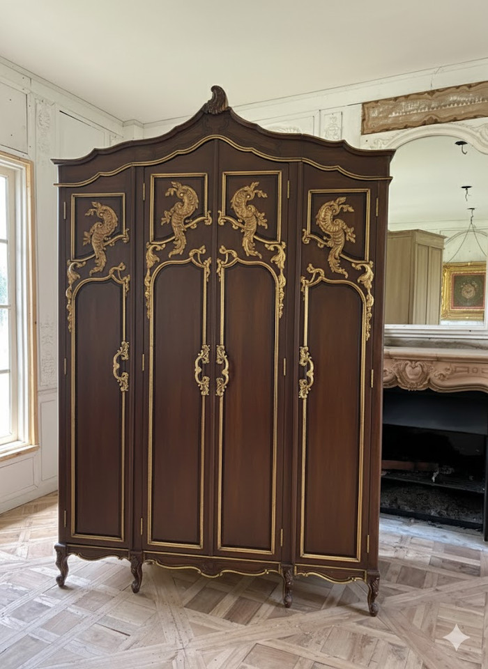 CHOCOLATE AND GOLD FOUR DOOR ARMOIRE WARDROBE
