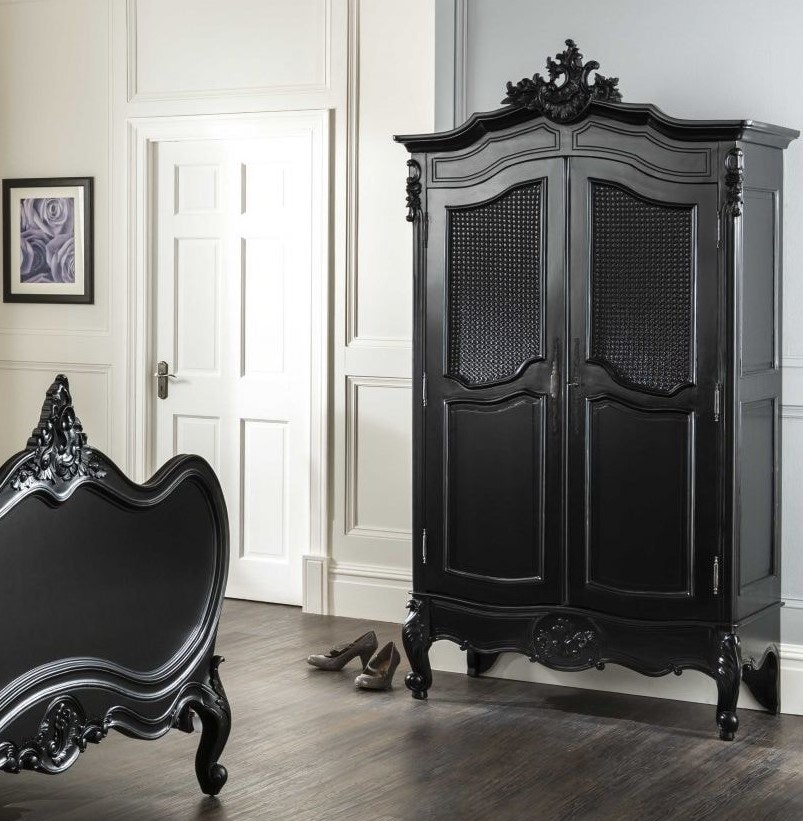 French Chateau Rattan Armoire Wardrobe Black