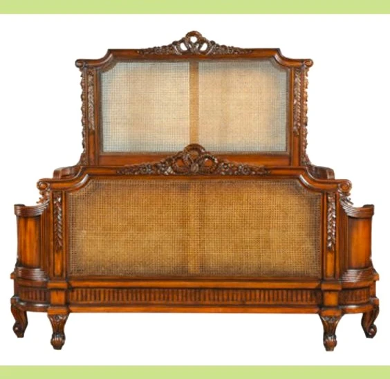 Louis XVI Rattan Wing Bed Frame, Antique Mahogany