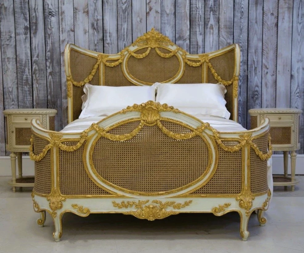 Louis XVI Swag Roses Rattan Bed Frame, Green and Gold
