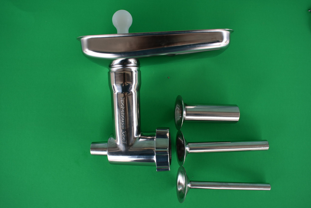 Smokehouse Chef's Original STAINLESS STEEL Meat Grinder Attachment for KitchenAid or Hobart c100 and n50.  PLUS Sausage Stuffing Kit 