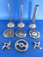 9 pc. set.  Stainless Steel parts.  Size #32 meat grinder tubes, plates and knives.  Tubes are 1/2", 3/4" and 1 1/4" diameter.  Grinding plates are 1/8", 1/4" and 1/2" holes for a variety of meat textures.  Two sharp swirl design knives.