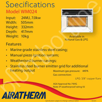 Outdoor Gas Heater Wall Mount Manual Ignition Stainless Steel Casing 7.0kW | 24Mj | LP  -Spec