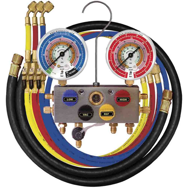 Mastercool 4 Way Aluminum Manifold Gauge Set 80mm R22 R134a R404A 3 x 150cm Hoses MC96261-MRB1