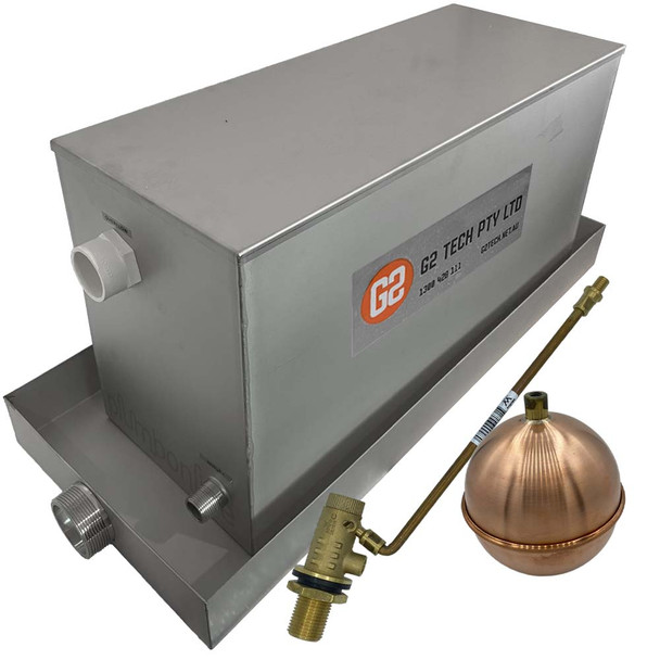 45L Stainless Steel Header Feed and Expansion Tank FT45 with Safety Tray Kit Float Valve and Copper Float 65°C | G2 Tech