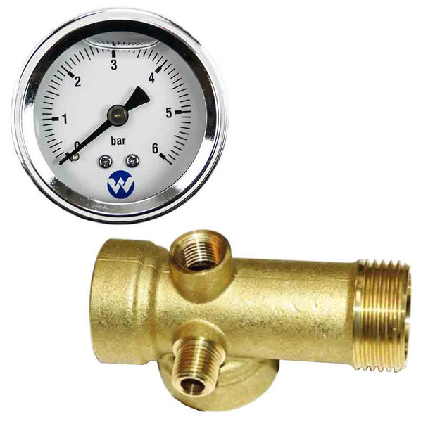 DAB Pressure Pump Bronze 5 Way Connector Tee & 6 Bar Pressure Liquid Filled Gauge Kit