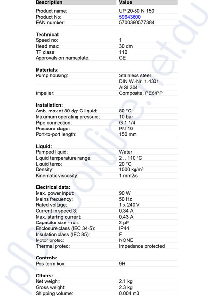 Grundfos UP 20-30N (150) Hot Water Service Circulator with 20mm Ball ...