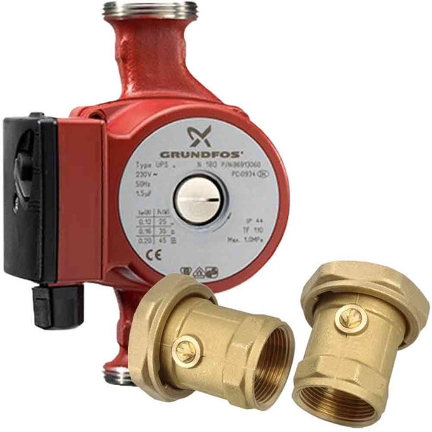 Grundfos UPS 25-60N (180) Circulator Pump with 25mm Ball Valve Brass Union PN.96913085