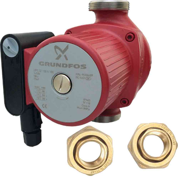 Grundfos UPS 32-100N (180) Circulator Pump with 32mm Standard Brass Union PN. 95906489