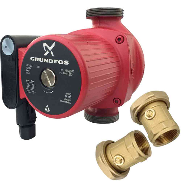 Grundfos UPS 32-80 (180) Circulator Pump with 32mm Ball Valve Brass Union PN. 95906442+93108691