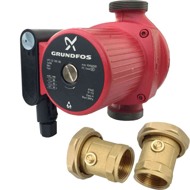 Grundfos UPS 32-100 (180) Circulator Pump with 32mm Ball Valve Brass Union PN. 95906500+93108691