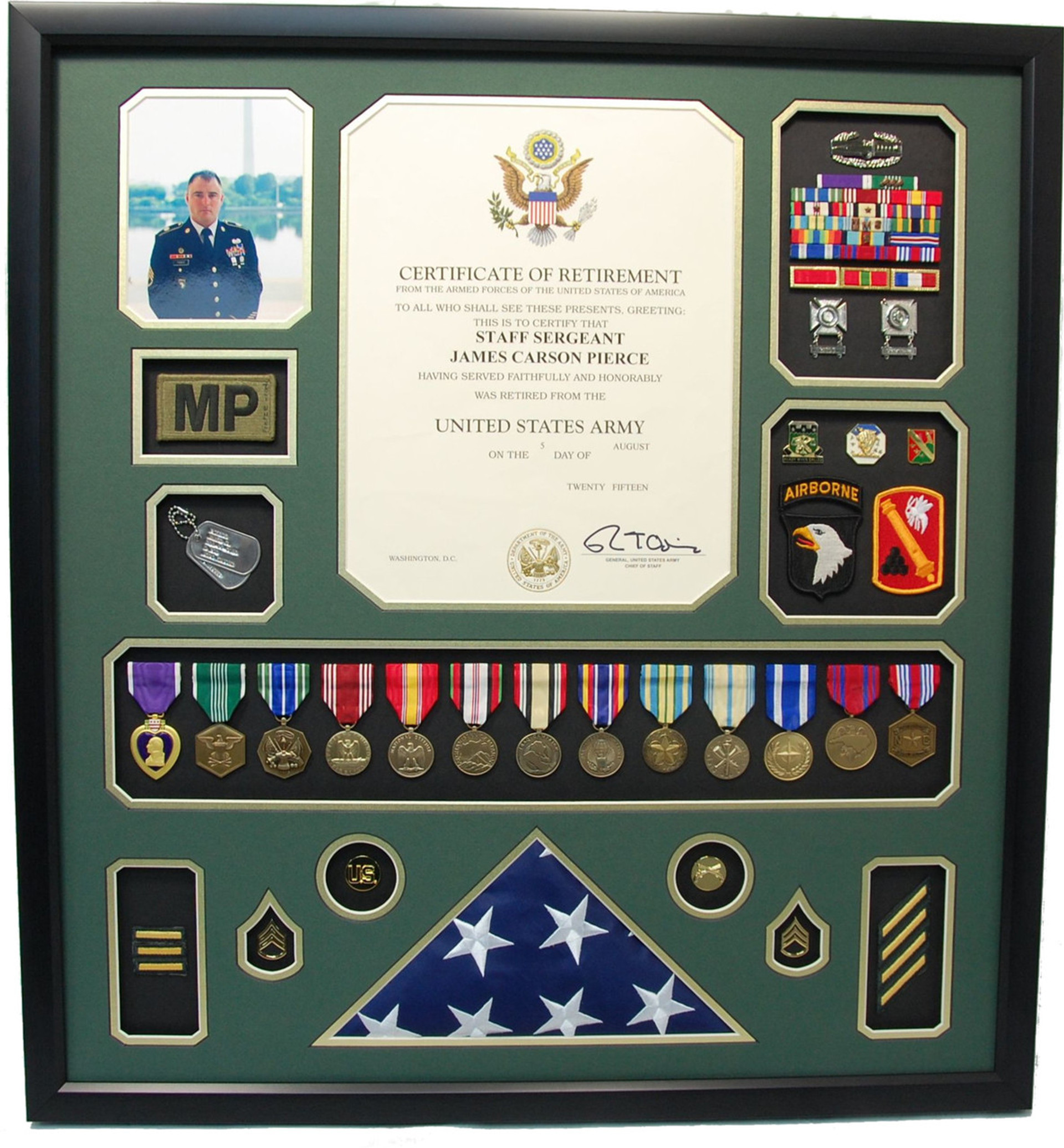 U S Army Retirement Certificate Shadow Box with Flag Military