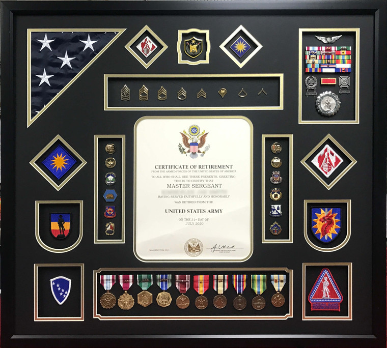 US Army Shadow Box Display Frame with Retirement Certificate