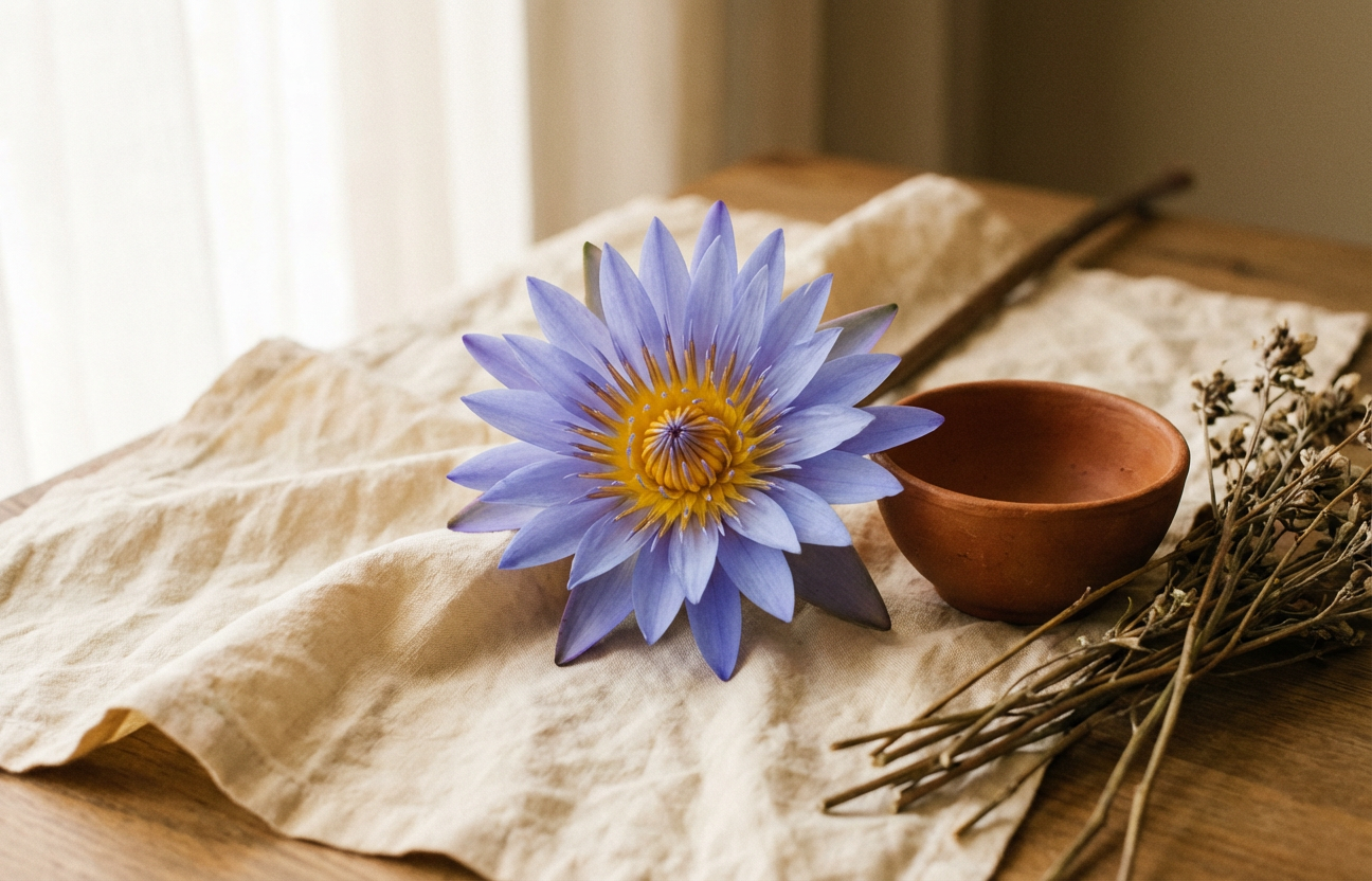 Blue lotus flower Nymphaea caerulea with vapes, capsules, gummies, and chocolates on warm linen — Masterpiece Alternatives Detroit Lakes MN