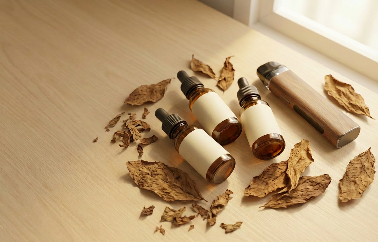 E-liquid and vape juice bottles in assorted flavors on wooden surface — Masterpiece Alternatives Detroit Lakes MN