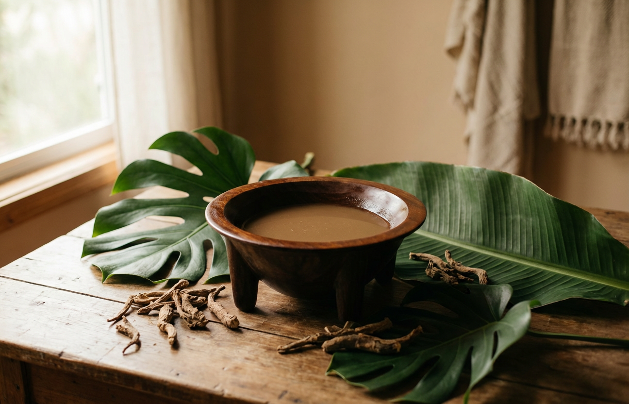 Traditional kava ceremony bowl with dried kava root — Masterpiece Alternatives Detroit Lakes MN