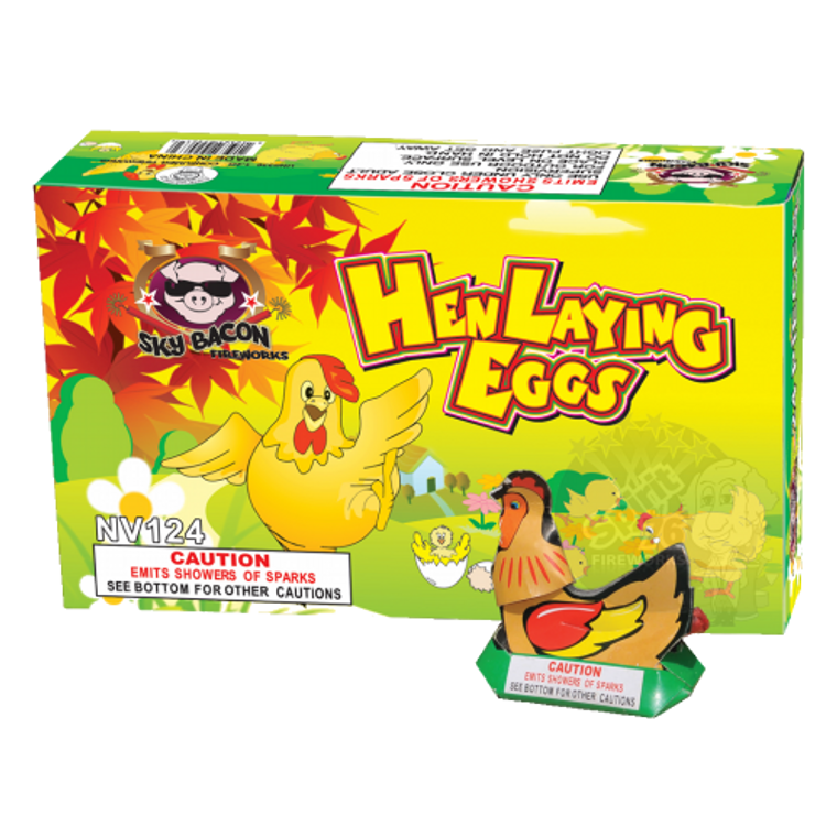 A fireworks staple, this hen whistles with red and green eggs.

Dimensions 9.3 L × 5.7 W × 2.6 H