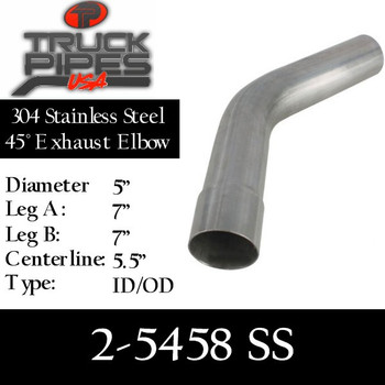 5" 45 Degree 304 SS Elbow 7" x 7" ID-OD 2-5458 SS 5" 45 Degree 304 SS Elbow 7" x 7" ID-OD 2-5458 SS