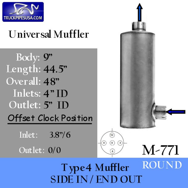 9" Mack Vertical Muffler 44.5" x 4" Inlet offset 3.56" x 5" Centered Outlet Type 4